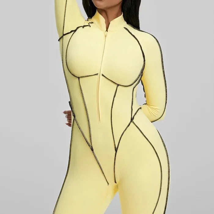 Long Sleeve Zipper Yoga Bodysuit - Slim Fit Workout Jumpsuit for Women