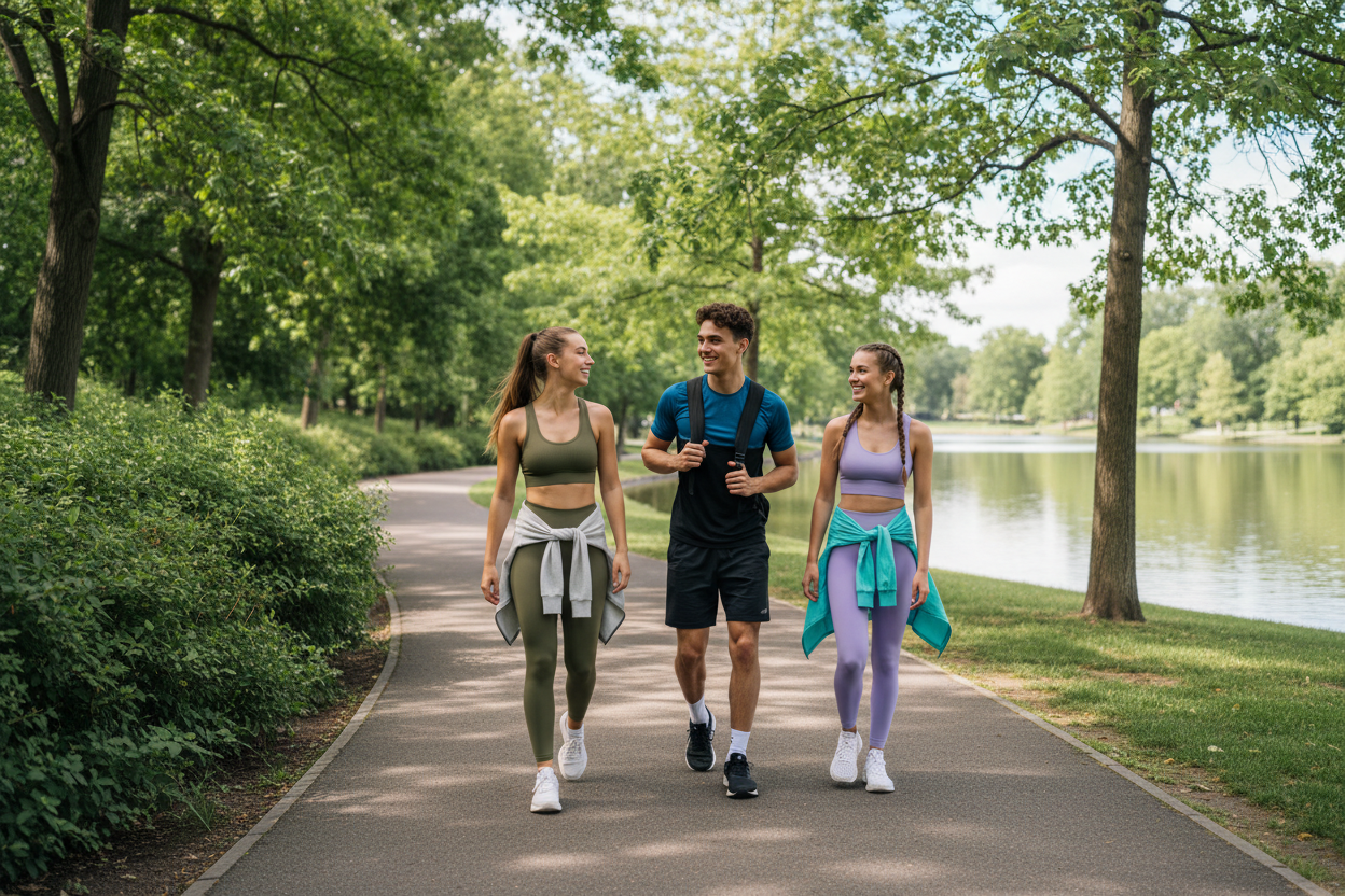 2 girls with 1 boy walking in a park wearing gym set